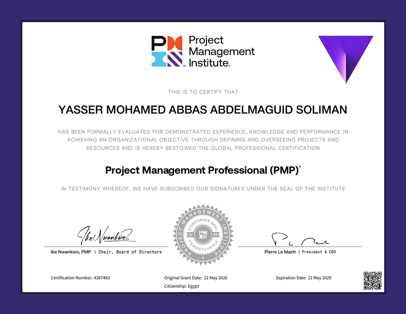 PMP certificate issued by the Project Management Institute